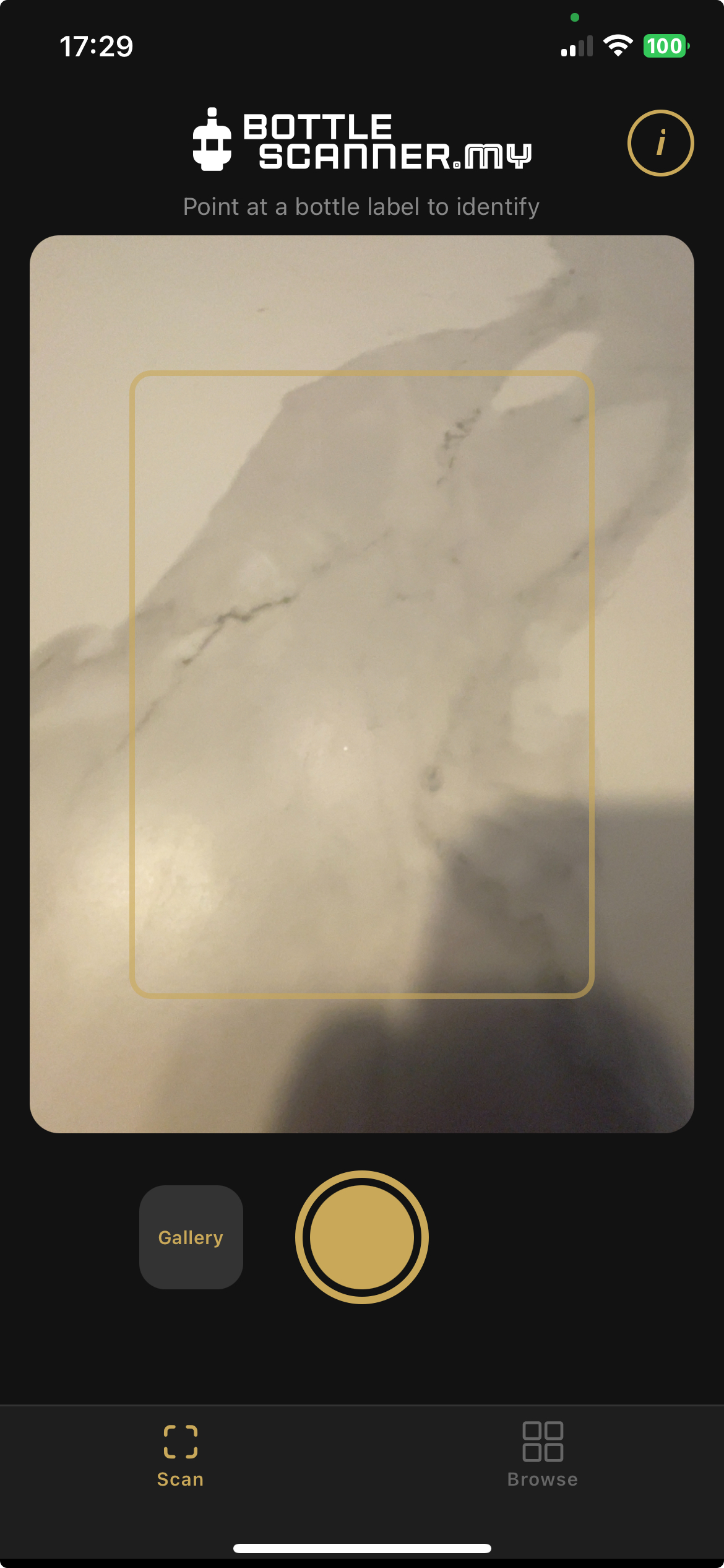 BottleScanner camera screen on iPhone